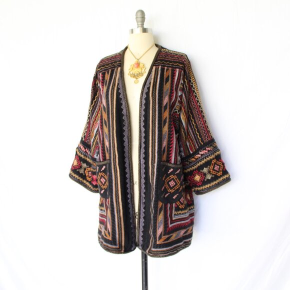Johnny Was BIYA JWLA Cardigan wrap Jacket coat kimono Embroidered Aztec tribal L - Picture 3 of 10
